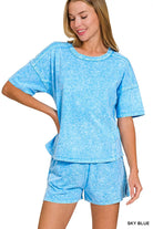 Zenana Sky Blue Halo Snow Washed Short Sleeve Tee and Shorts Set