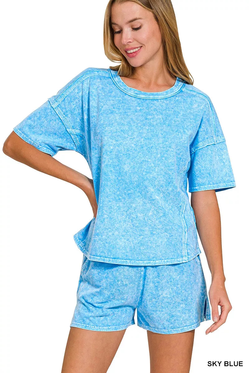 Zenana Sky Blue Halo Snow Washed Short Sleeve Tee and Shorts Set