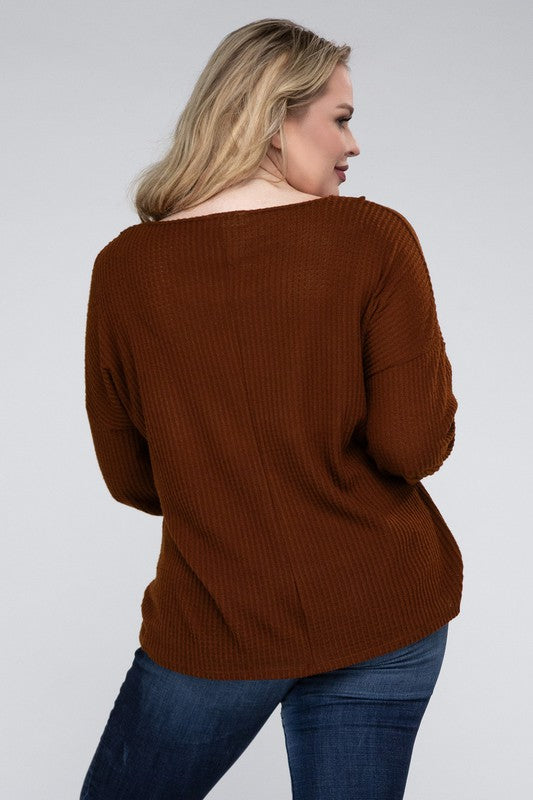 Zenana Plus Brushed Waffle V-Neck Button Detail Sweater ZENANA