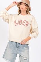 SAGE + FIG Ivory LOVE Path Applique Drop Shoulder Sweatshirt Trendsi