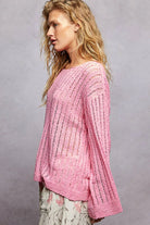 POL Barbie Pink Round Neck Long Sleeve Open Weave Sweater