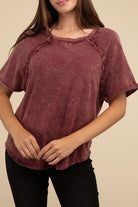 Zenana Back Patch Crinkle Washed Raglan Sleeve T-Shirt in 3 Colors! CABERNET Shirts