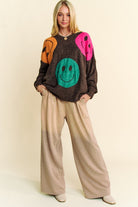 Davi & Dani Dark Brown Contrast Smile Printed Round Neck Oversize Sweater Shirts & Tops