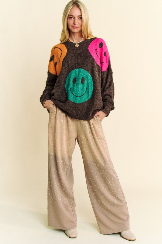 Davi & Dani Dark Brown Contrast Smile Printed Round Neck Oversize Sweater Shirts & Tops