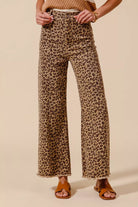 SO ME Mid Rise Leopard Twill Frayed Hem Wide Leg Pants LEOPARD