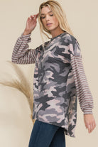 Celeste Camo Print High-Low T-Shirt with Stripe Sleeves