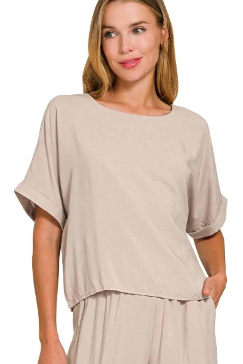 Zenana Ash Mocha Round Neck T-Shirt and Wide Leg Pants Set