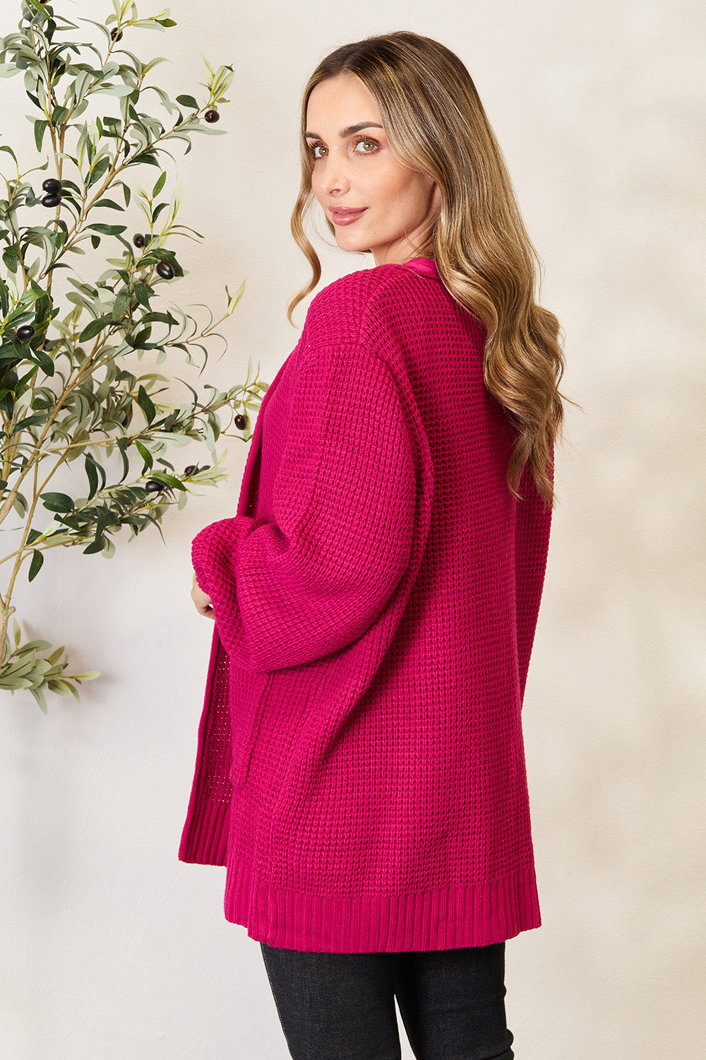 Zenana Magenta Waffle-Knit Open Front Cardigan Trendsi