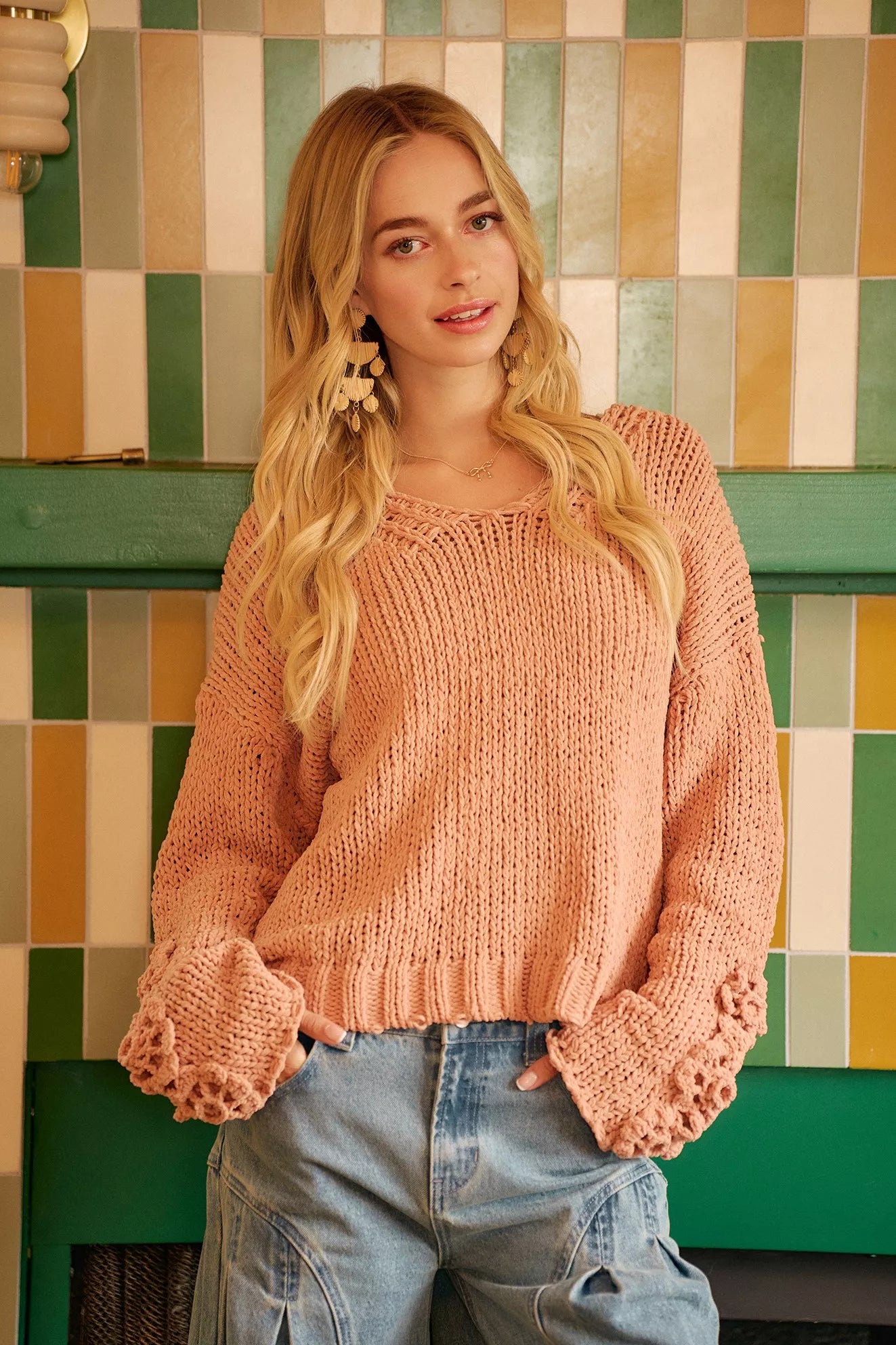 BiBi Dusty Peach Chunky Knit Sweater with Flower Detail Sleeves