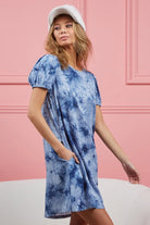 BiBi Navy Puff Sleeve With Side Pockets Tie Dye Dress