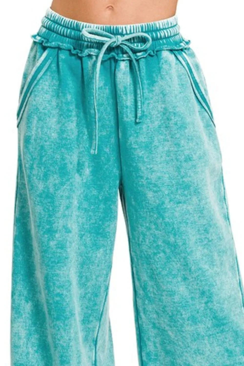 Zenana Light Teal Acid Wash Fleece Palazzo Sweatpants with Pockets