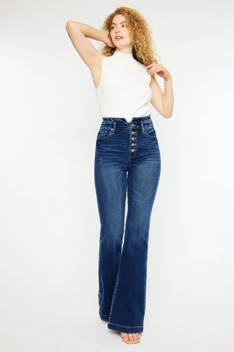 Kancan Button Fly High Rise Flare Jeans DARK