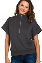 Zenana Black Scuba High Neck Half Zip Short Sleeve Top BLACK