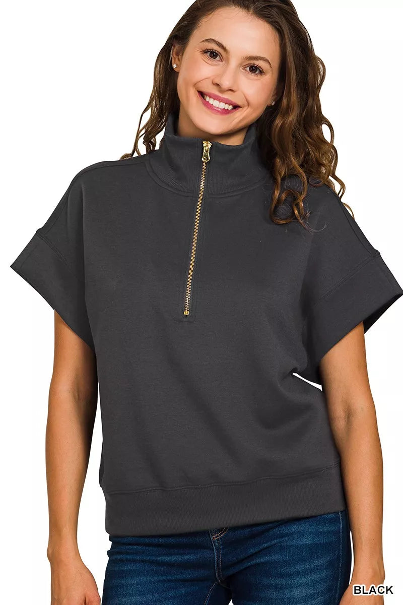 Zenana Black Scuba High Neck Half Zip Short Sleeve Top BLACK