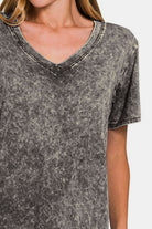 Zenana Dark Grey Acid Washed Short Sleeve V-Neck T-Shirt Shirts & Tops