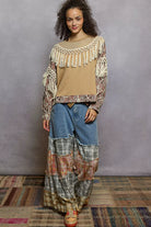 POL Mocha Cafe Contrast Floral Embroidery Balloon Sleeve Top with Tassel Trim