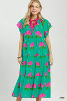 Umgee Hydrangea Print Tiered Midi Dress JADE