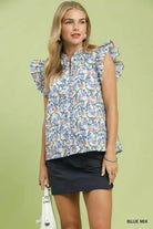 Umgee Blue Floral Print Ruffle Cap Sleeve Blouse BLUE MIX