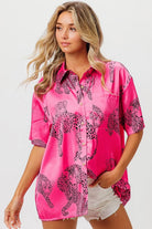 BiBi Fuchsia Leopard Print Short Sleeve Silky Satin Shirt Blouse FUCHSIA