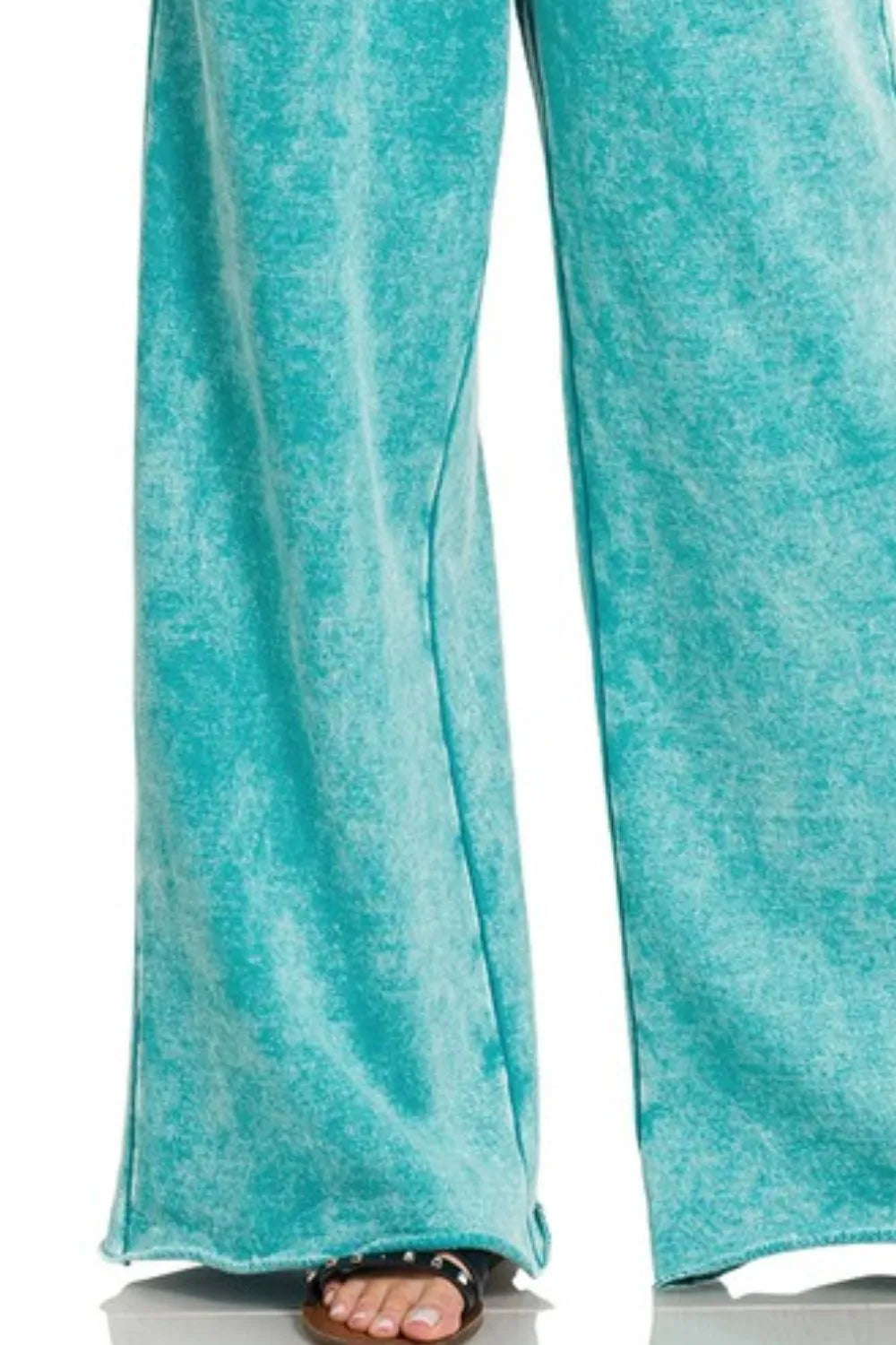 Zenana Light Teal Acid Wash Fleece Palazzo Sweatpants with Pockets