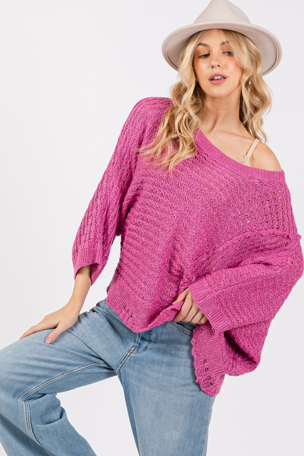 SAGE + FIG Magenta Distressed Asymmetrical Open Stitch Sweater Trendsi