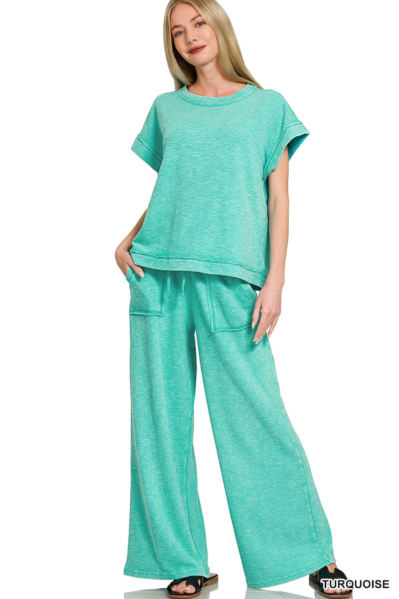 Zenana Turquoise Washed Slub Short Sleeve Tee & Long Pants Set TURQUOISE
