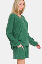 Zenana Dark Green V-Neck Long Sleeve Ribbed Top and Shorts Set Loungewear