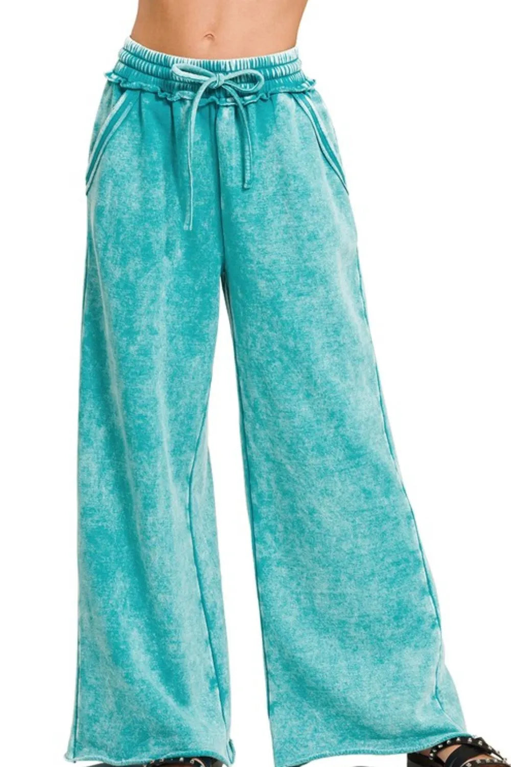 Zenana Light Teal Acid Wash Fleece Palazzo Sweatpants with Pockets LT TEAL