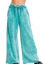 Zenana Light Teal Acid Wash Fleece Palazzo Sweatpants with Pockets LT TEAL