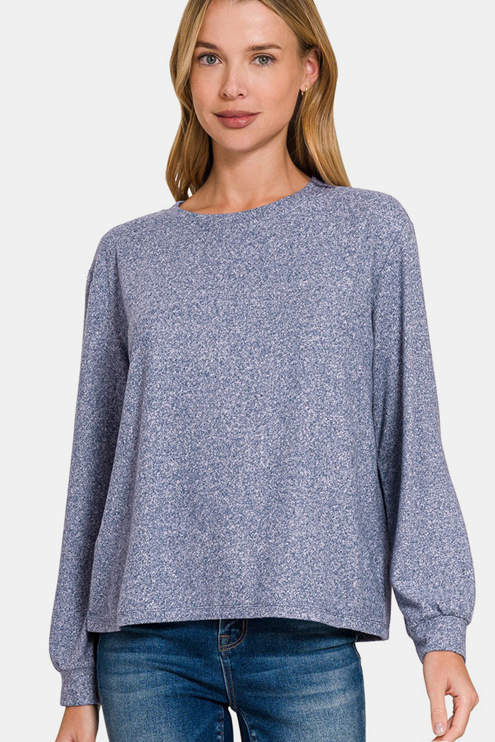 Zenana Light Navy Hacci Round Neck Long Sleeve T-Shirt Shirts & Tops