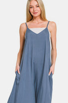 Zenana Dusty Blue Spaghetti Strap Wide Leg Overalls with Pockets Jumpsuits & Rompers