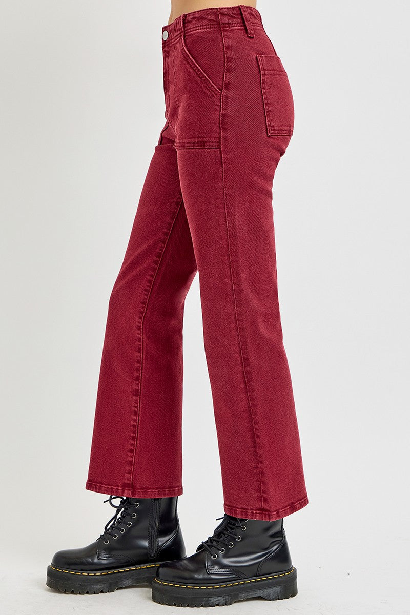 RISEN High Rise Straight Jeans with Patch Pockets in Wine Trendsi