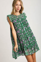 Umgee Dark Green Smocked Detail Floral Metallic Ruffle Cap Sleeve Dress Dark Green