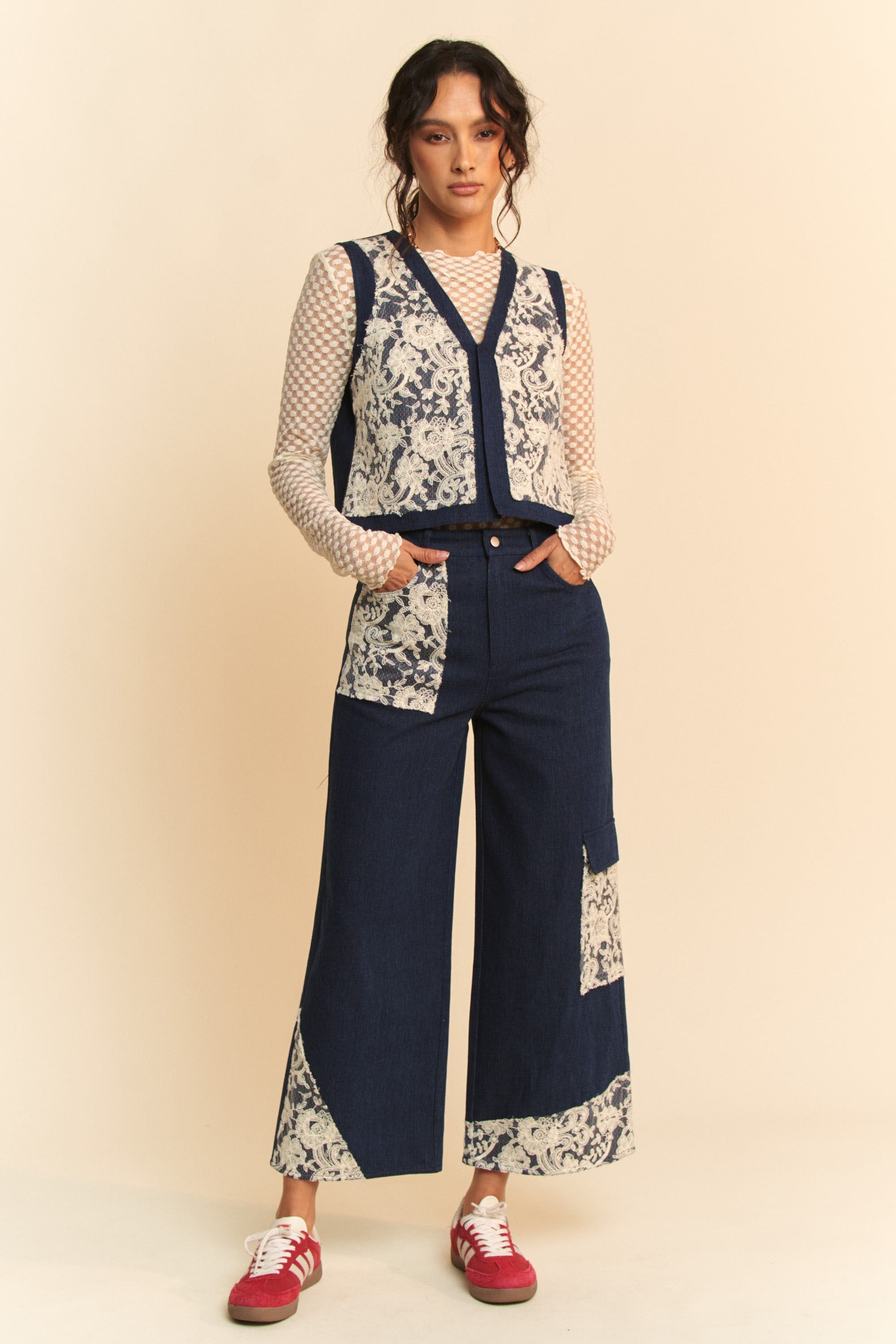 Davi & Dani Lace Applique Wide Leg Dark Washed Jeans Jeans