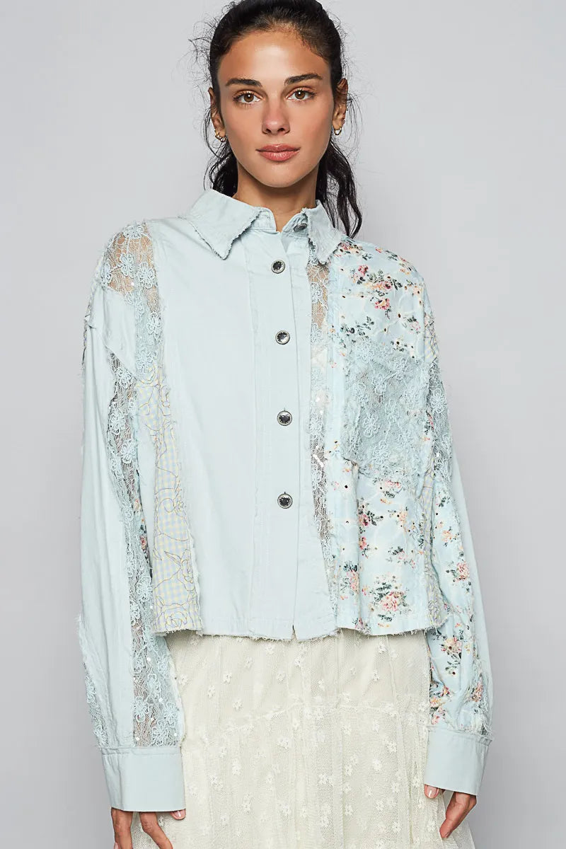 POL Pastel Blue Floral Long Sleeve Woven Blouse with Lace Panel Details Pastel Blue