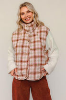 Haptics Taupe/Caramel Snap Button Down Plaid Quilted Vest Jacket