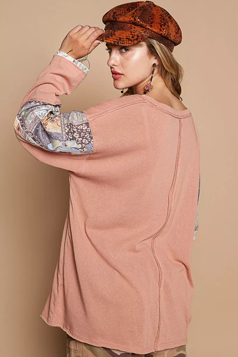 POL Coral Clay Round Neck Long Sleeve Roomy Fit Top with Stitch Detail