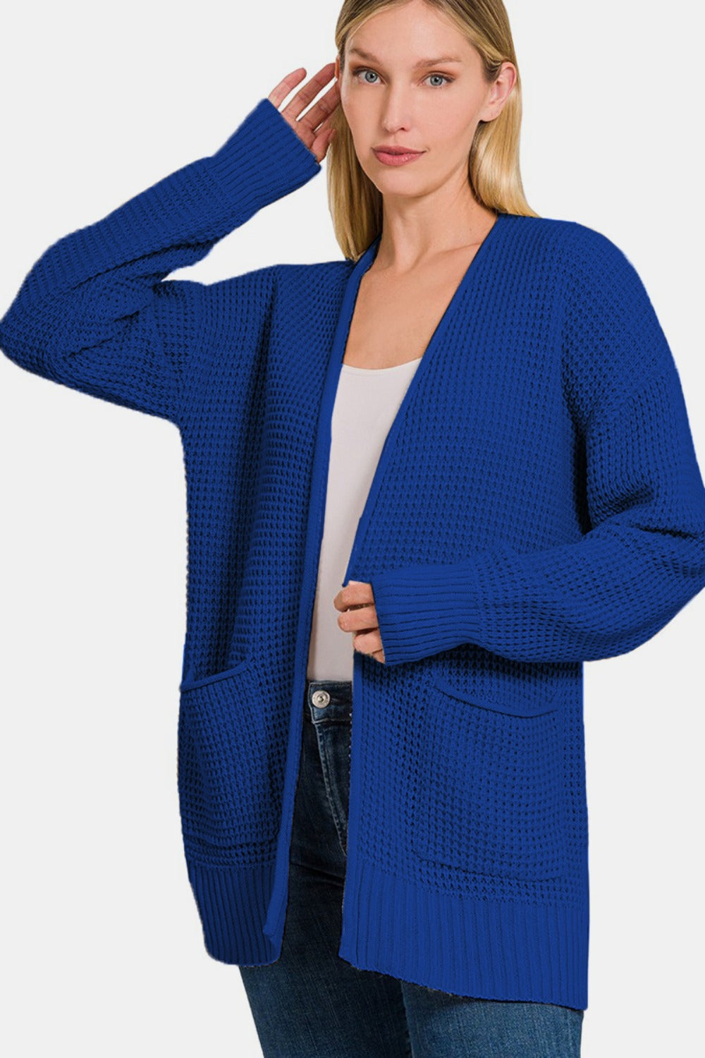 Zenana Light Navy Waffle Open Front Sweater Cardigan