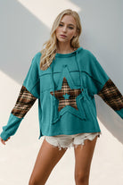 Preorder Double Take Drawstring Teal & Plaid Star Patch Long Sleeve Hoodie Teal