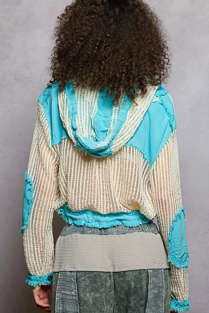 POL Aqua Blue Texture Woven Button Down Hooded Shirt with Drawstring Hem