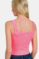 Zenana Neon Coral Fuchsia Washed Ribbed Scoop Neck Wide Strap Seamless Bra Tank