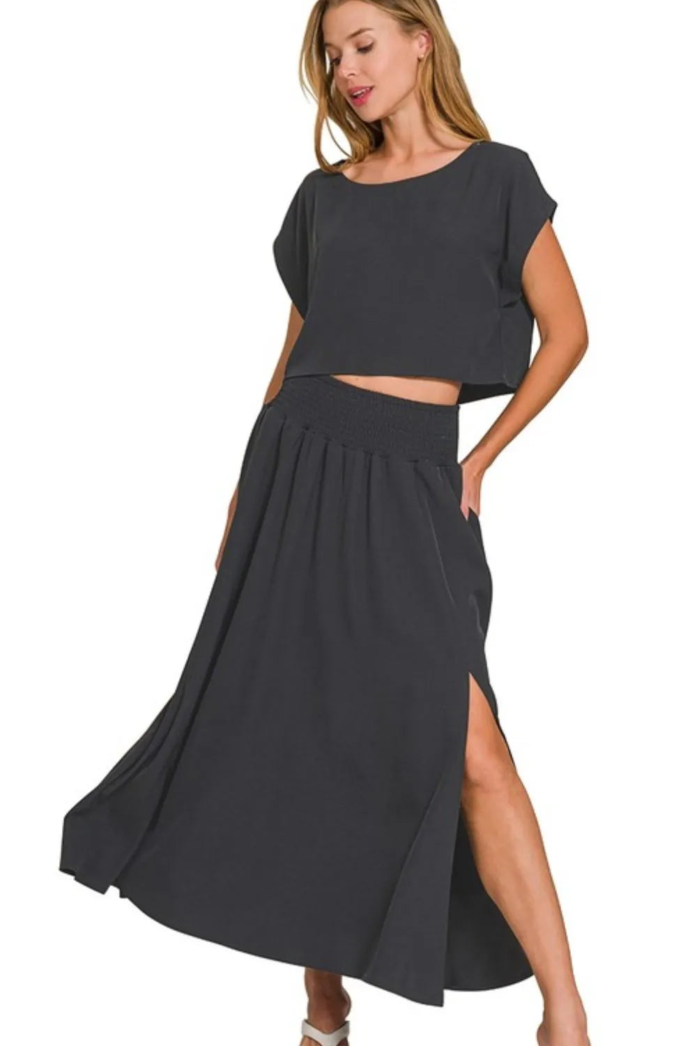 Zenana Black Heavy Woven Span Crop Tee & Skirt Set