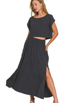 Zenana Black Heavy Woven Span Crop Tee & Skirt Set