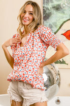 BiBi Floral Jacquard Smoked Puff Sleeves V Neck Top