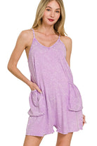 Zenana Bright Lavender Acid Crinkle Washed Spaghetti Strap Romper B LAVENDER