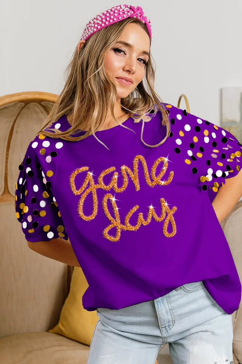 BiBi Purple & Gold Game Day Metallic Letter Spangle Sleeve Top