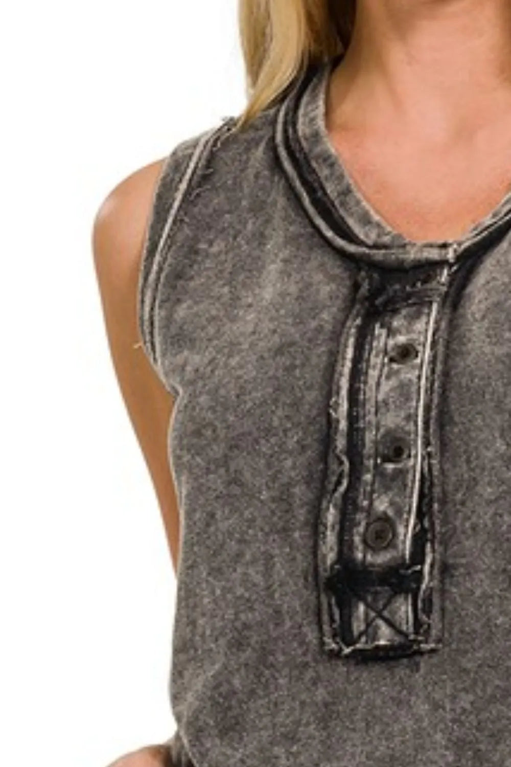 Zenana Ash Black Washed Half-Button Raw Edge Sleeveless Henley Top