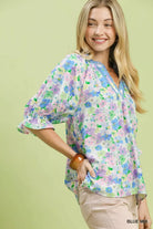 Umgee Blue Mix Floral Print Ruffle Top