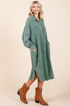 Mittoshop Mineral Wash Cotton Gauze Midi Shirt Dress Trendsi