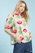Umgee Cream Floral Print Puff Sleeve Blouse with Contrast Trim